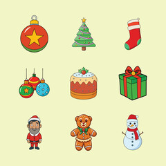 Set of Christmas minimalist ornaments elements. Xmas abstract color icons and logos in minimalist style. Christmas tree, snowman, gifts, bell, candy and others for holiday decoration. 