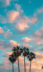 palm trees at blue sky background at dusk, California vacation wallpaper