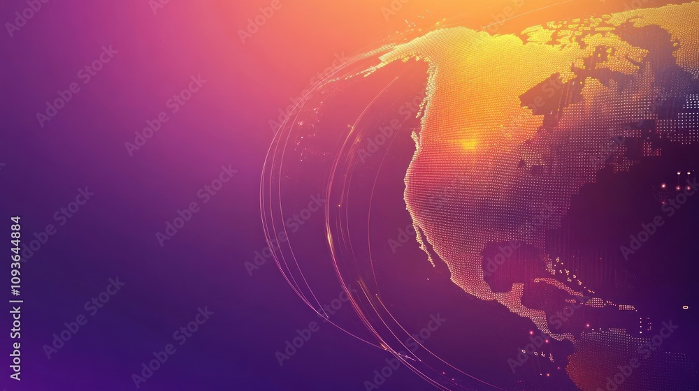 Poster abstract globe with glowing lines and purple background.