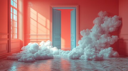 A surreal room with colorful lighting and clouds creating an ethereal atmosphere.