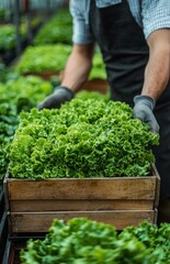 Farmer Harvesting Fresh Lettuce in Greenhouse with Blurred Background of Vegetable Picking
