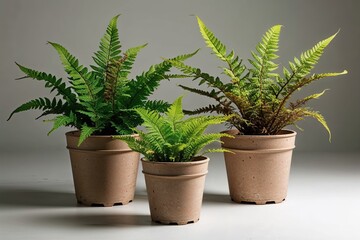 Obraz premium Exotic Ferns in Biodegradable Pots with Lush Leaves on a Soft Gradient Background