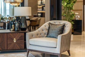 A white armchair with a gray pillow in a modern living room with wooden furniture and a large window.