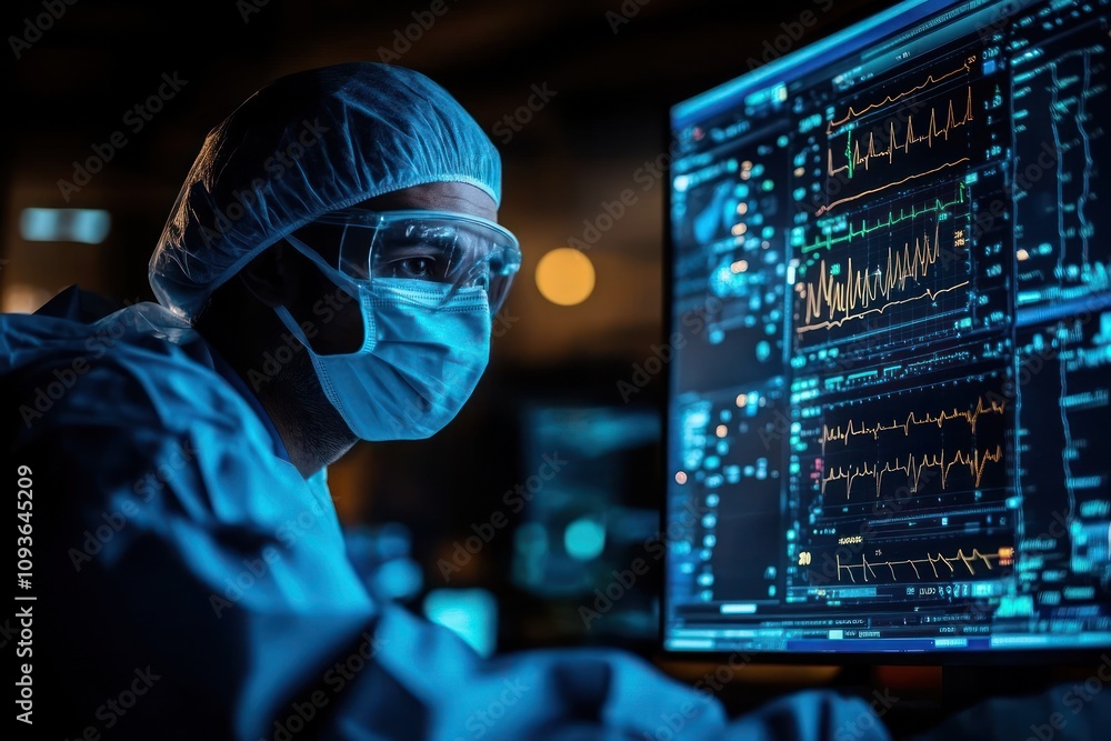 Poster A doctor in a surgical gown and mask works on a computer in a dark room with a bright monitor displaying medical data.