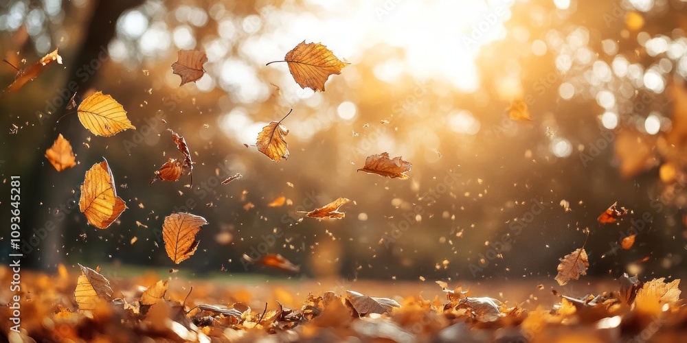 Poster golden leaves fall from a tree in a sunny autumn forest, creating a warm and cozy atmosphere.