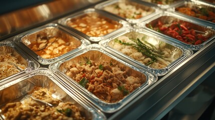 A variety of Asian food dishes displayed in metal containers on a buffet line.