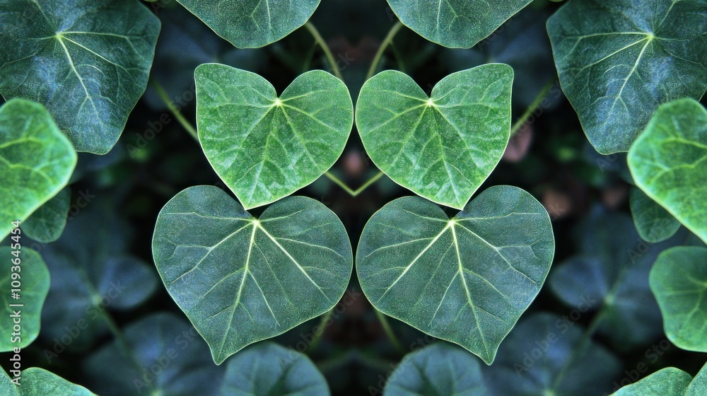 Poster a symmetrical pattern of heart-shaped green leaves creating a natural design.