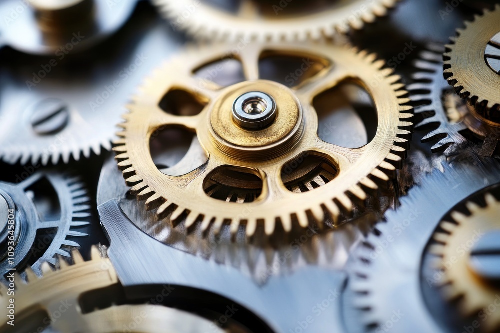 Poster A close-up view of intricate, golden gears interlocked and working together in a complex mechanism.