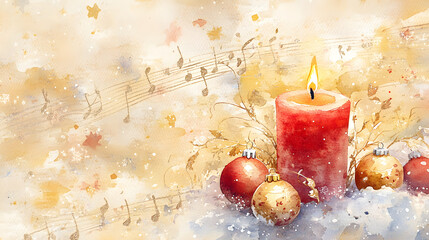 A warm holiday-themed illustration featuring a glowing red candle, festive ornaments, and musical notes in a soft background.