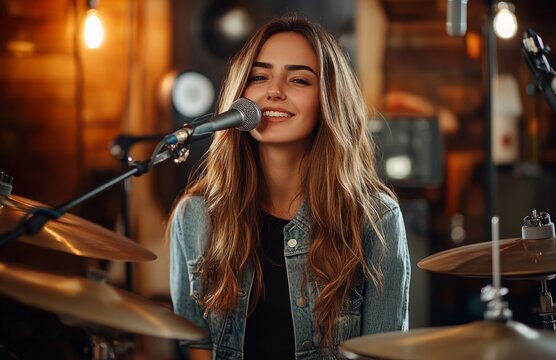 Female singer recording in a music studio with a drum set