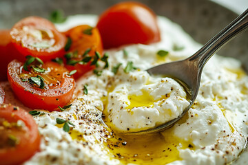 Spoon scoops creamy cottage cheese drizzled with olive oil and garnished with cherry tomatoes