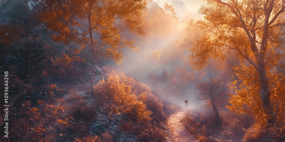 Poster A person walks along a path in a forest with orange trees and a fog in the distance.