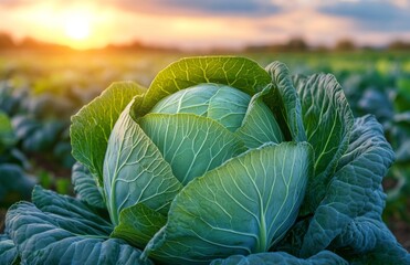 Fototapeta premium Large Green Cabbage Growing in Endless Vegetable Field in the Foreground