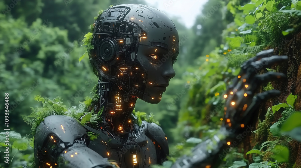 Poster robot among lush greenery explores nature and technology in a serene forest setting during the day. 