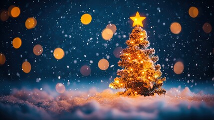 Fototapeta premium Illuminated Christmas tree in snowy scene with bokeh lights.