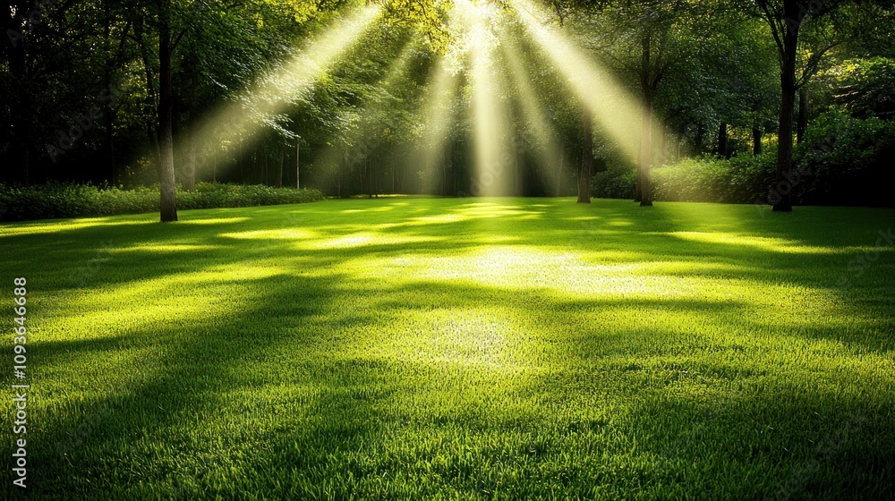 Poster sunbeams illuminate a grassy clearing in a forest, casting long shadows from the trees.