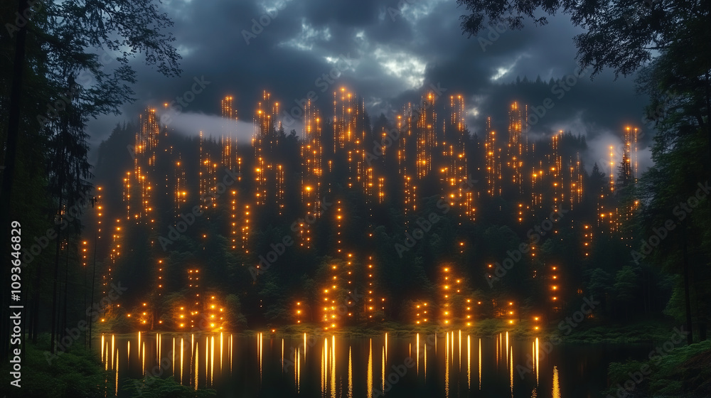 Poster mysterious illuminated forest reflecting in calm lake under dramatic cloudy sky at twilight. generat