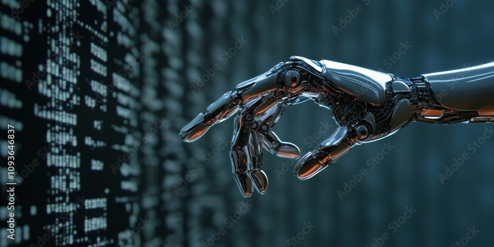 Poster A robotic hand reaching out towards a background of binary code, suggesting the concept of artificial intelligence and technology.