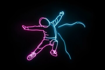 A vibrant neon depiction of a child forming snow angels with pink and blue light trails isolated on a dark background.