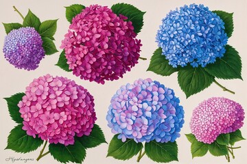Colorful Clusters of Hydrangeas on a Soft Canvas: A Charming Botanical Illustration