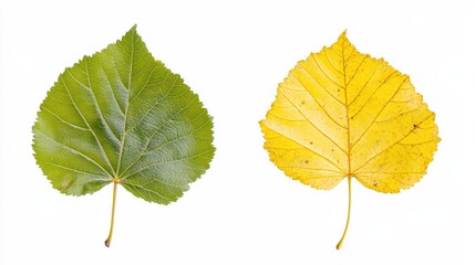 Fototapeta premium Seasonal contrast: green and yellow leaves on white background