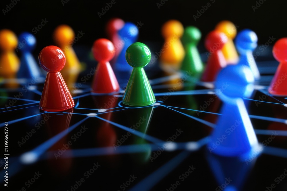 Poster Colorful game pieces on a black background with a blue web of connected dots.