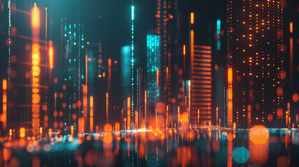 Fototapeta premium Futuristic cityscape with vibrant orange and blue light streaks.