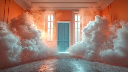 A surreal room with orange walls and fog leading to a blue door.