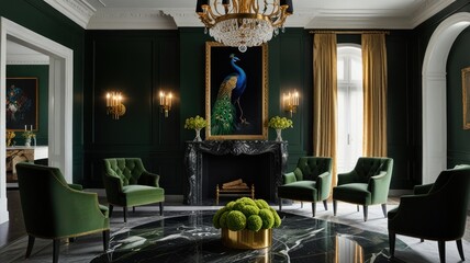 Here's a description and keywords for your stock photo.. Elegant living room with dark green walls, a marble floor, gold accents, and a peacock painting above a fireplace.