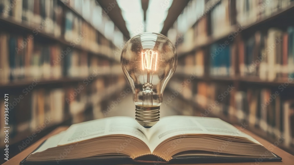 Aufkleber A glowing lightbulb rests atop an open book, with a blurred bookshelf in the background, symbolizing the power of knowledge and learning.