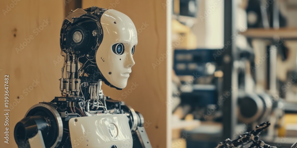Poster A close-up view of a humanoid robot's head, showcasing its intricate mechanical design and realistic facial features.