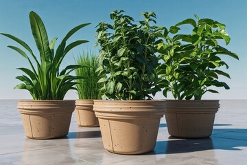 Fototapeta premium 3D Visualization of Vibrant Green Plants in Eco-Friendly Biodegradable Pots on a Bright Background