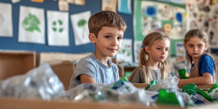 Three kids are sorting recyclable materials in a classroom, with a boy looking directly at the camera. The classroom has colorful drawings on the wall.