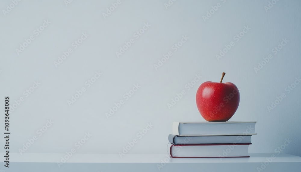 Poster a red apple sits atop a stack of three books on a white surface against a white background.