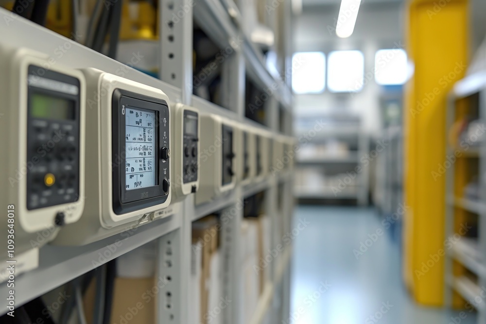 Poster a row of digital displays mounted on shelves in a warehouse setting.