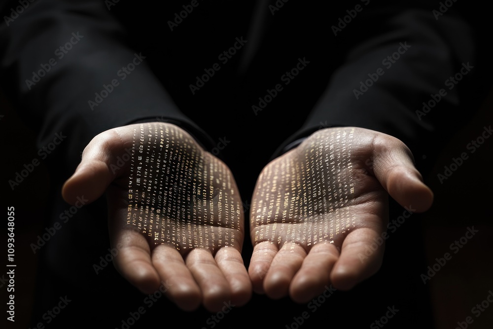 Poster Close up of two hands with binary code projected on palms.