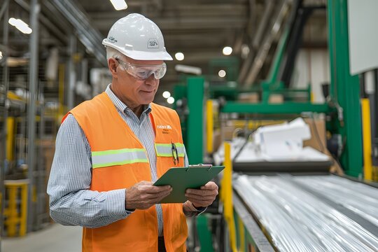 An engineer reviewing safety protocols on a clipboard, focused on ensuring workplace safety and compliance, surrounded by technical equipment and a professional environment