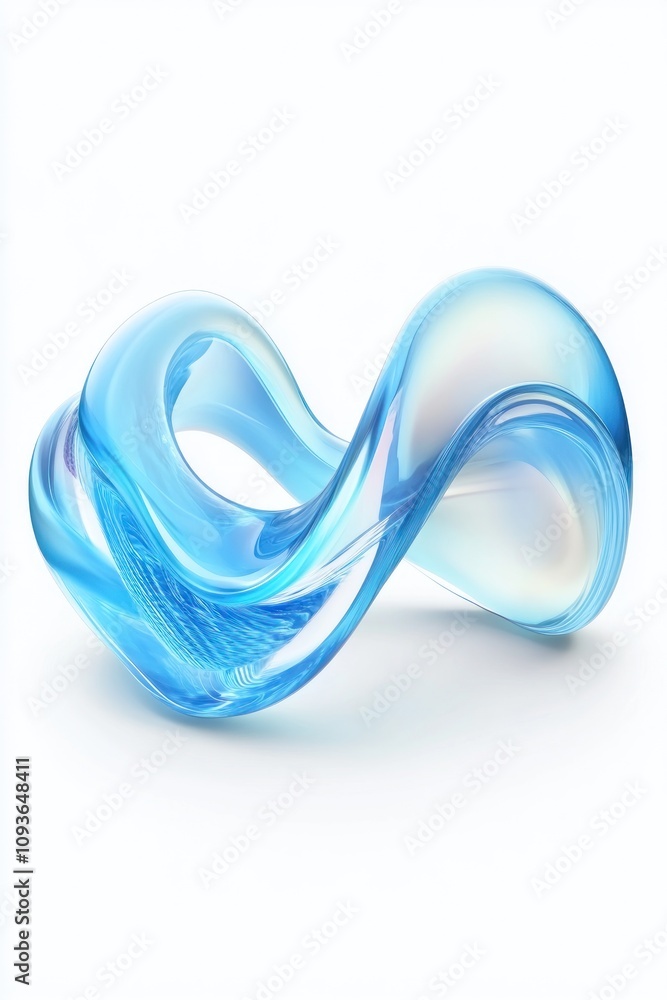 Poster a blue glass sculpture with a swirling, abstract form. it is set against a white background and cast