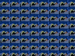 Fototapeta premium Seamless patterned print for wrapping paper with camel rider and nomad in dessert. Hills and mountains at night. Dessert pattern illustration, artwork