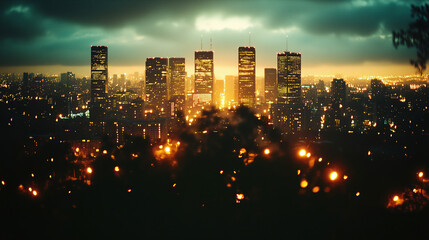 City skyline illuminated at dusk with dramatic clouds and urban lights visible from a distant viewpoint. Generative AI