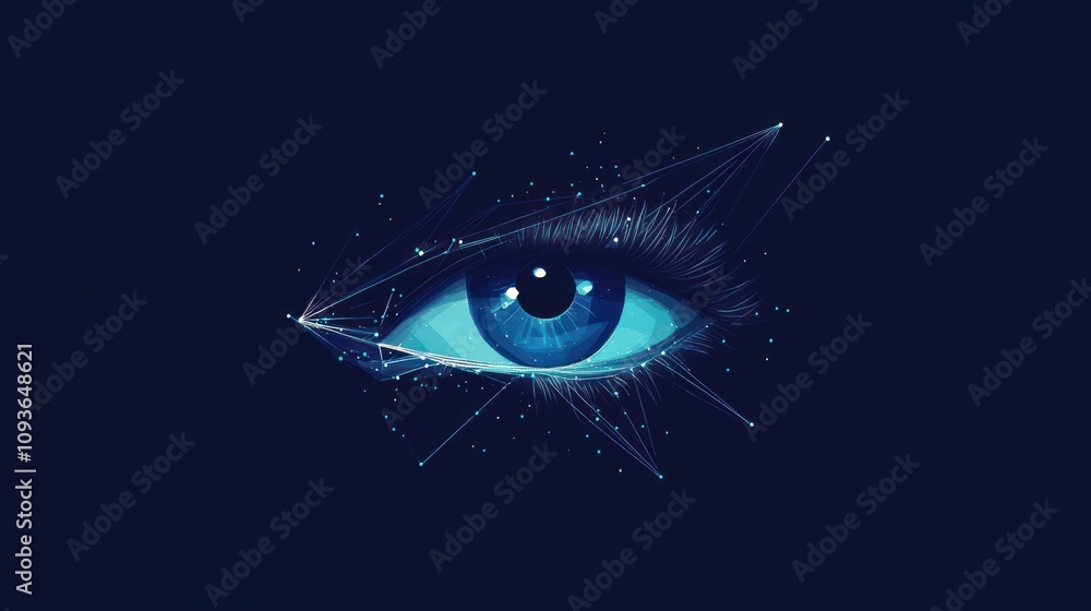 Poster a blue eye composed of lines and points on a dark background.