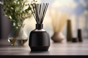 Diffuser vase on a wooden table infusing the room with a calming fragrance as sunlight gently illuminates the space.