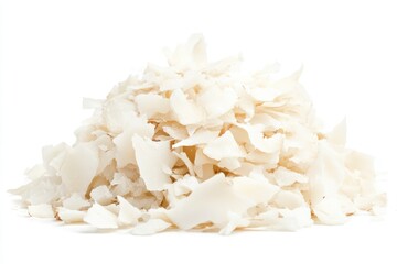 A pile of unsweetened shredded coconut isolated on a white background.