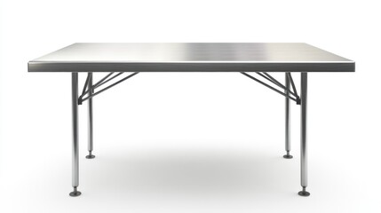 A stainless steel folding table with a rectangular top and four legs.