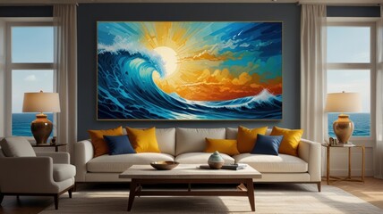 Here's a possible  and keyword list for your stock photo..  Sunburst ocean wave art above sofa in modern living room.