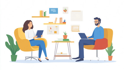 young happy couple working together at home office, using laptop for remote freelance job