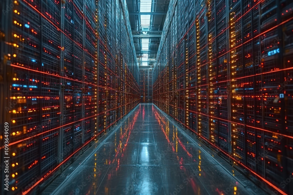 Poster aisle of servers with red and blue lights in a data center