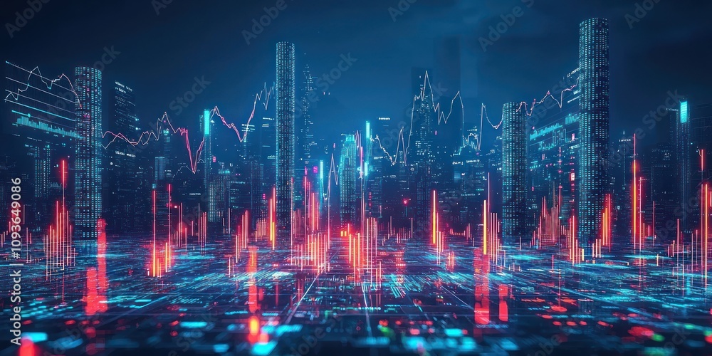 Poster a futuristic cityscape illuminated by neon lights and data streams