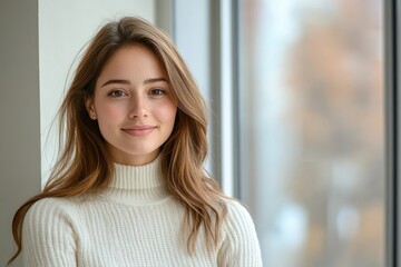 Fototapeta premium A young woman smiling in a cozy sweater by a window.
