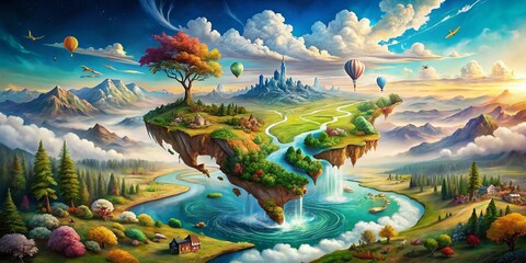 Surreal Artistic Representation of North America Map Blending Nature, Cities, and Fantasy Elements for Unique Visual Experience